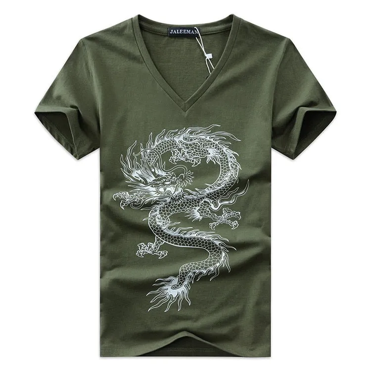 Men's Summer V-Neck Short-Sleeved T-Shirt With Printed Dragon
