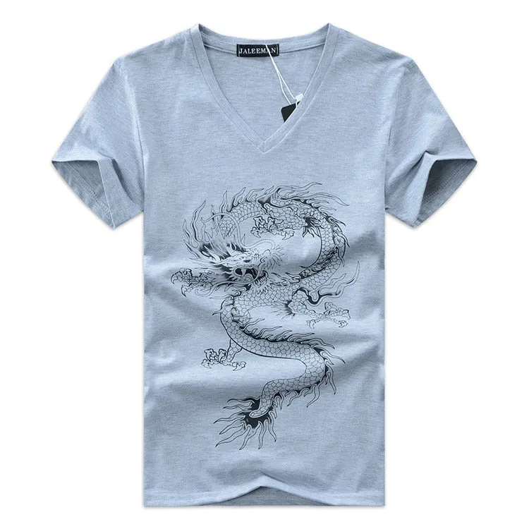 Men's Summer V-Neck Short-Sleeved T-Shirt With Printed Dragon