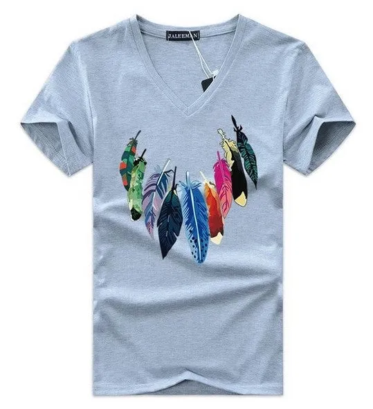 Men's Summer V-Neck Slim Fit T-Shirt With Printed Feathers