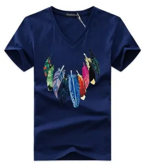Men's Summer V-Neck Slim Fit T-Shirt With Printed Feathers