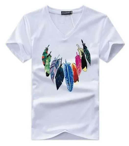 Men's Summer V-Neck Slim Fit T-Shirt With Printed Feathers