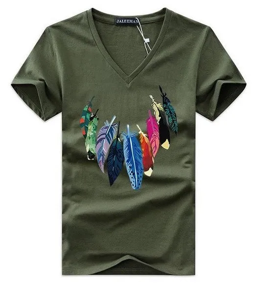 Men's Summer V-Neck Slim Fit T-Shirt With Printed Feathers