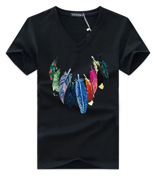 Men's Summer V-Neck Slim Fit T-Shirt With Printed Feathers