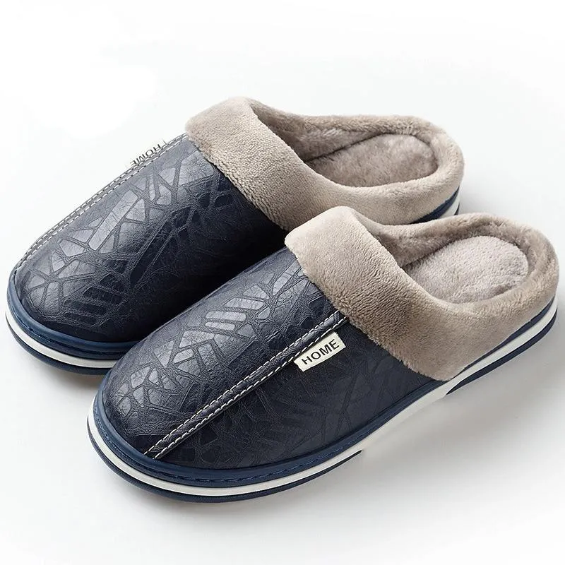 Men's Winter Leather Waterproof Slippers | Plus Size