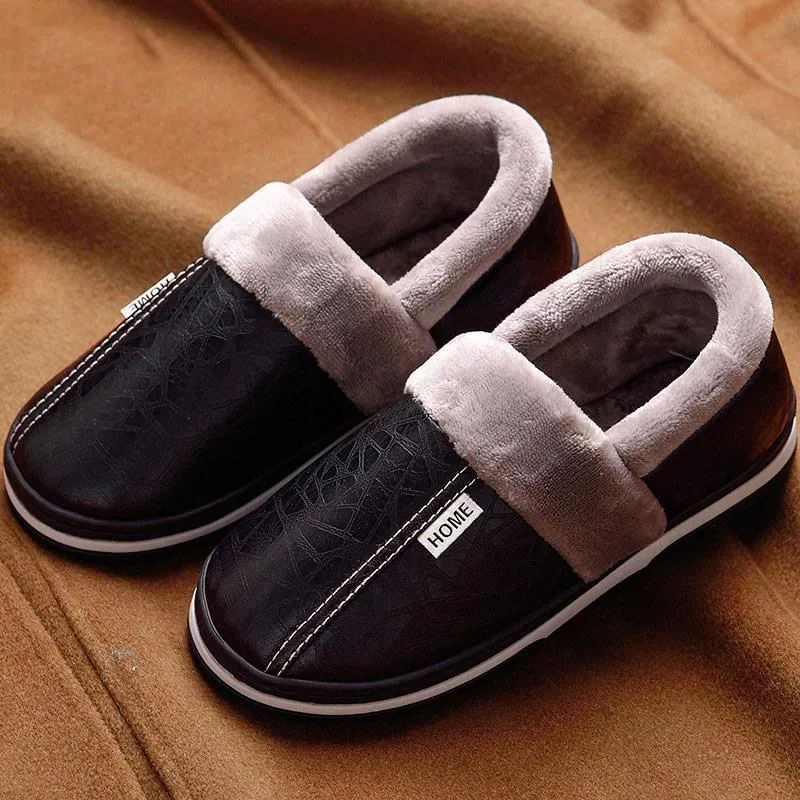 Men's Winter Leather Waterproof Slippers | Plus Size