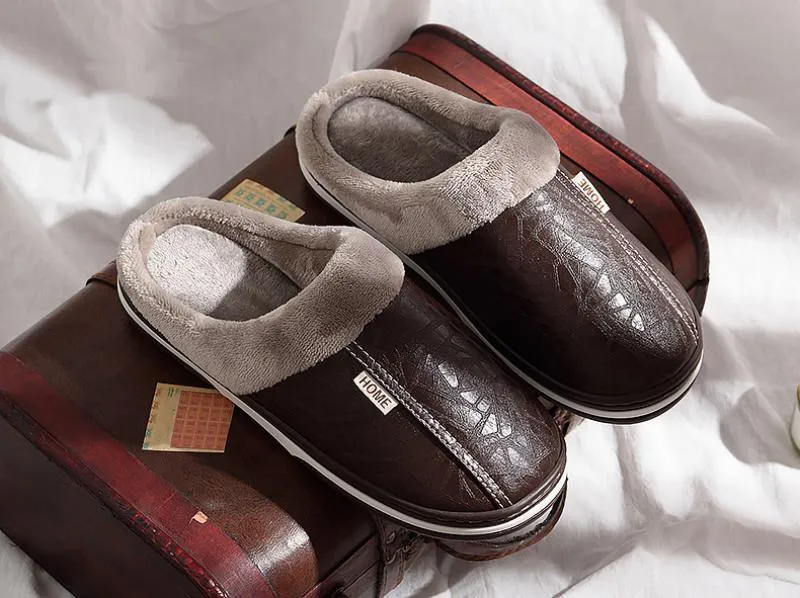 Men's Winter Leather Waterproof Slippers | Plus Size