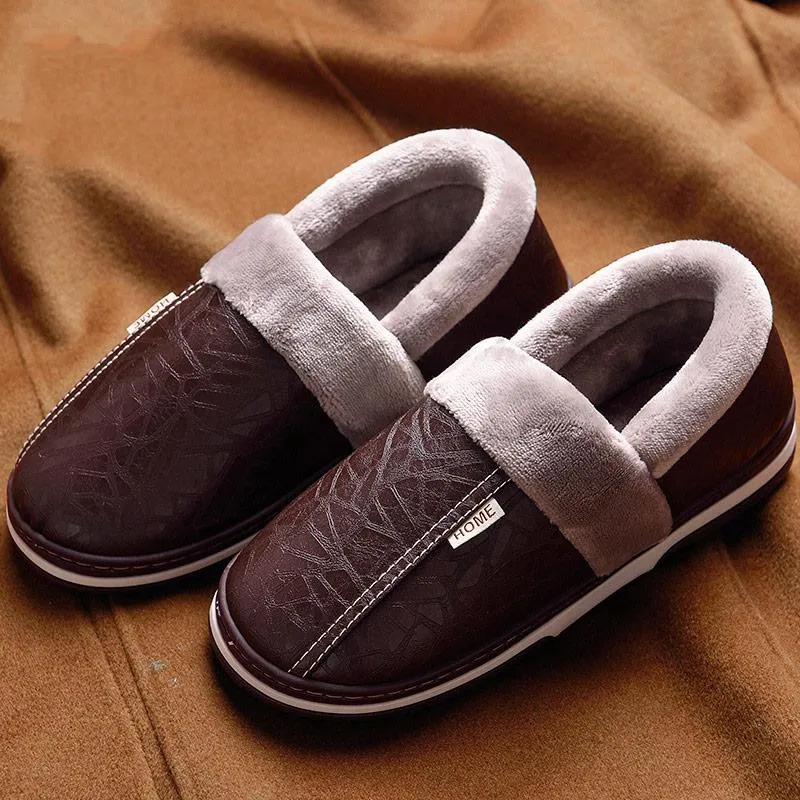 Men's Winter Leather Waterproof Slippers | Plus Size