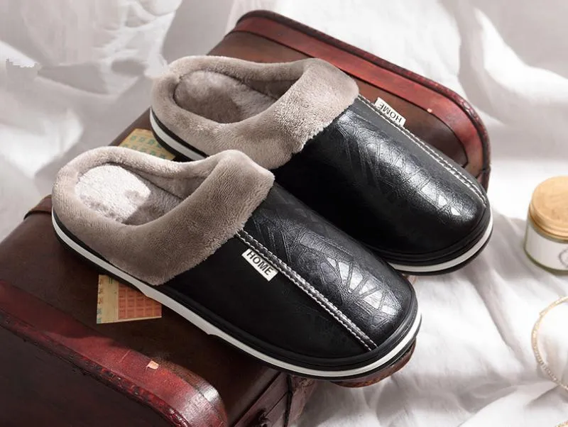 Men's Winter Leather Waterproof Slippers | Plus Size