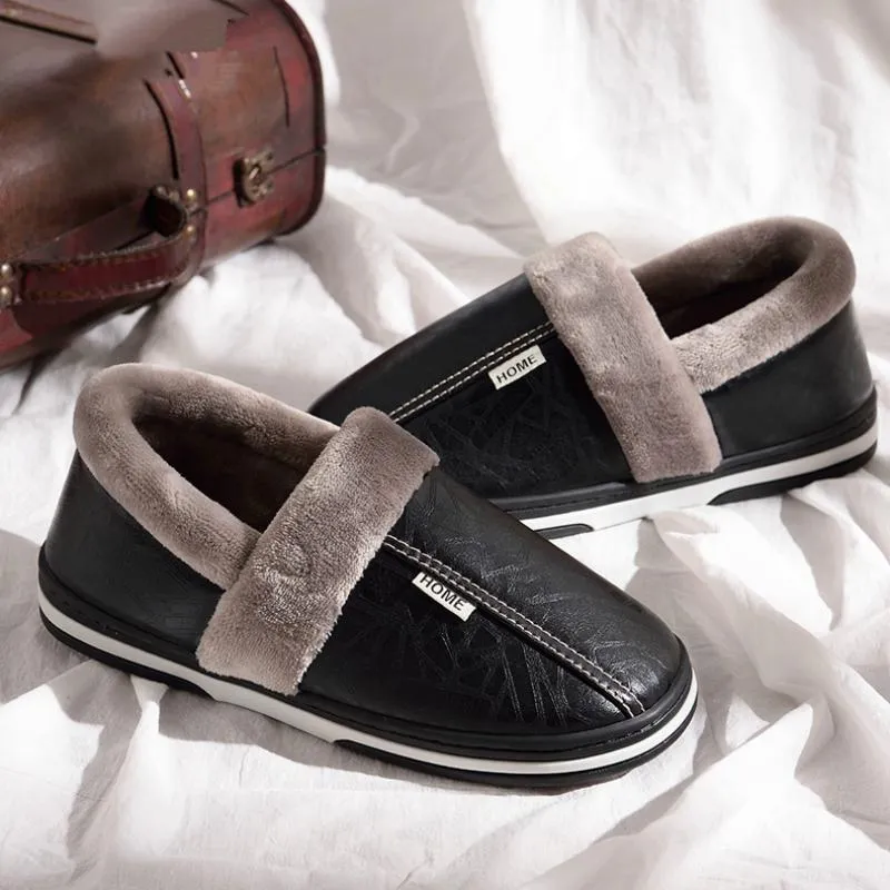 Men's Winter Leather Waterproof Slippers | Plus Size