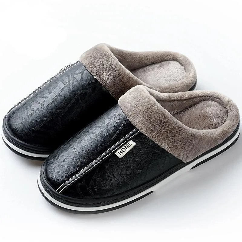 Men's Winter Leather Waterproof Slippers | Plus Size