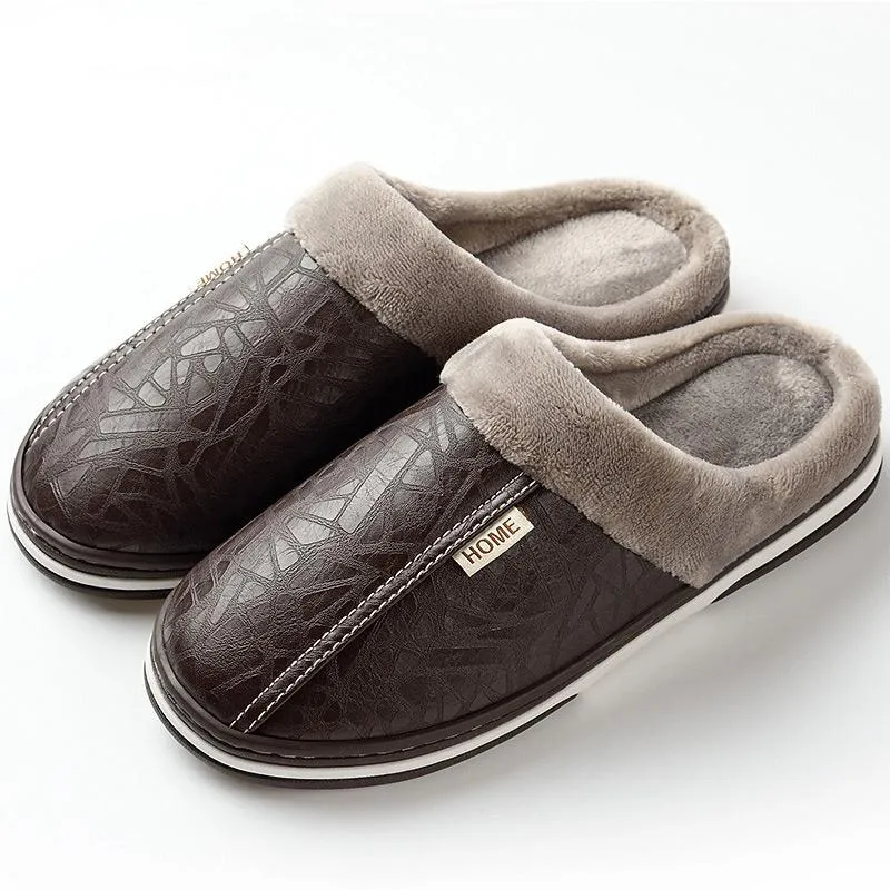 Men's Winter Leather Waterproof Slippers | Plus Size