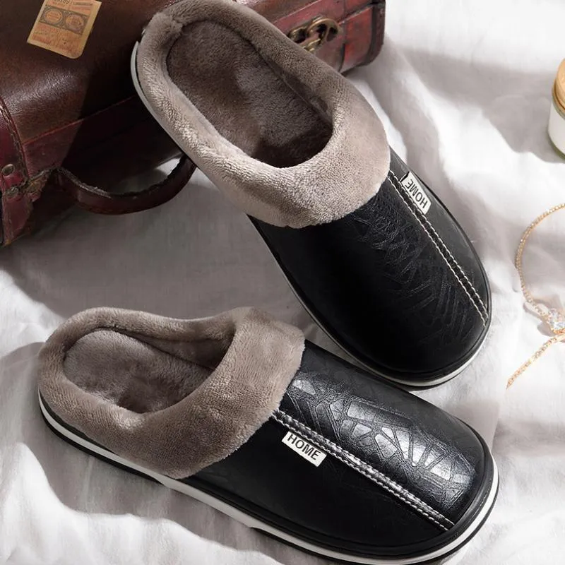 Men's Winter Leather Waterproof Slippers | Plus Size