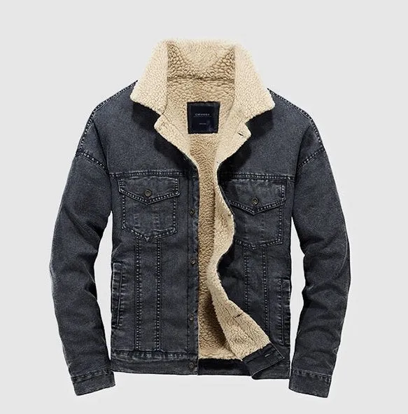 Men's Winter Warm Denim Cowboy Jacket With Lamb's-Wool Lining