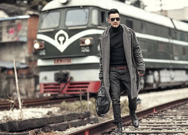 Men's Winter Warm Plush Slim Two-Side Long Furry Coat