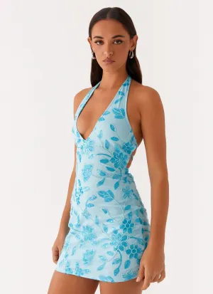 Merida Halterneck Beaded Mini Dress - Blue Seamless Shoulder Fashionable Pick