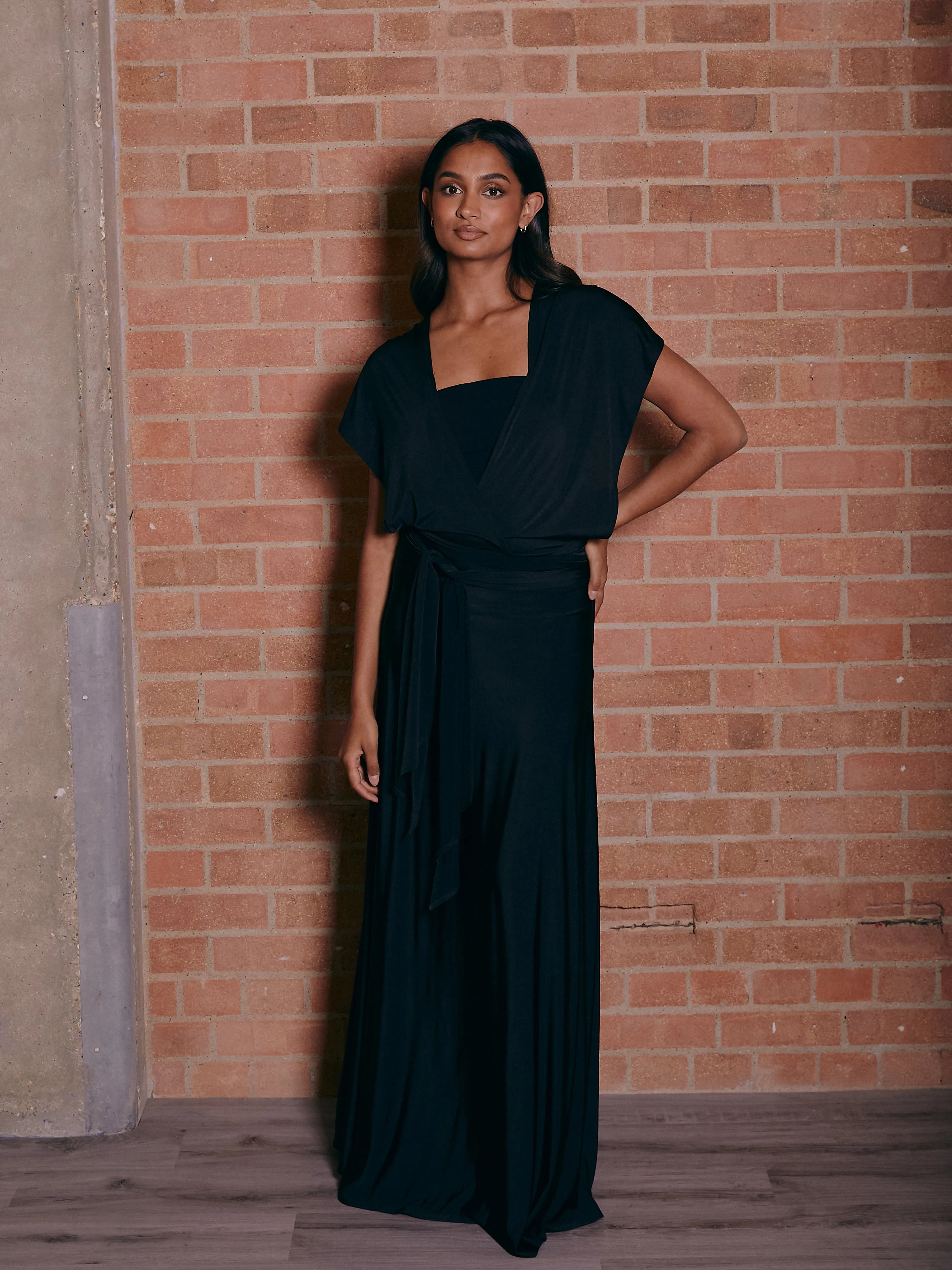 Multi-way Slinky Maxi Dress / Black Flowy Layers Trend Texture