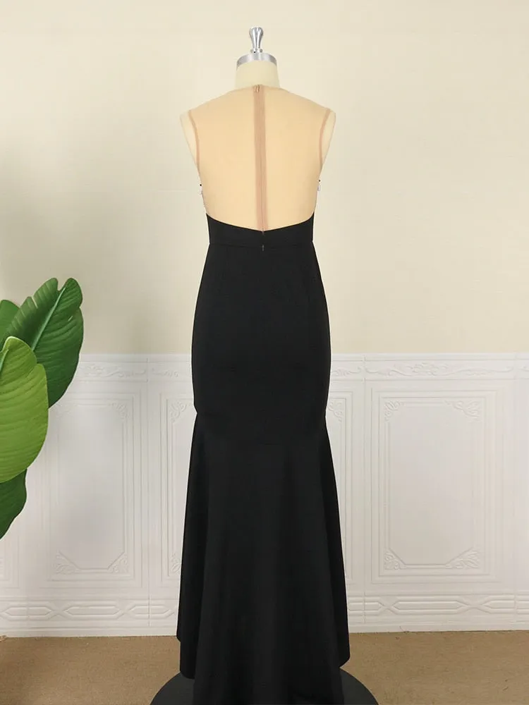 Mesh Beaded Sleeveless Long Mermaid Evening Gown