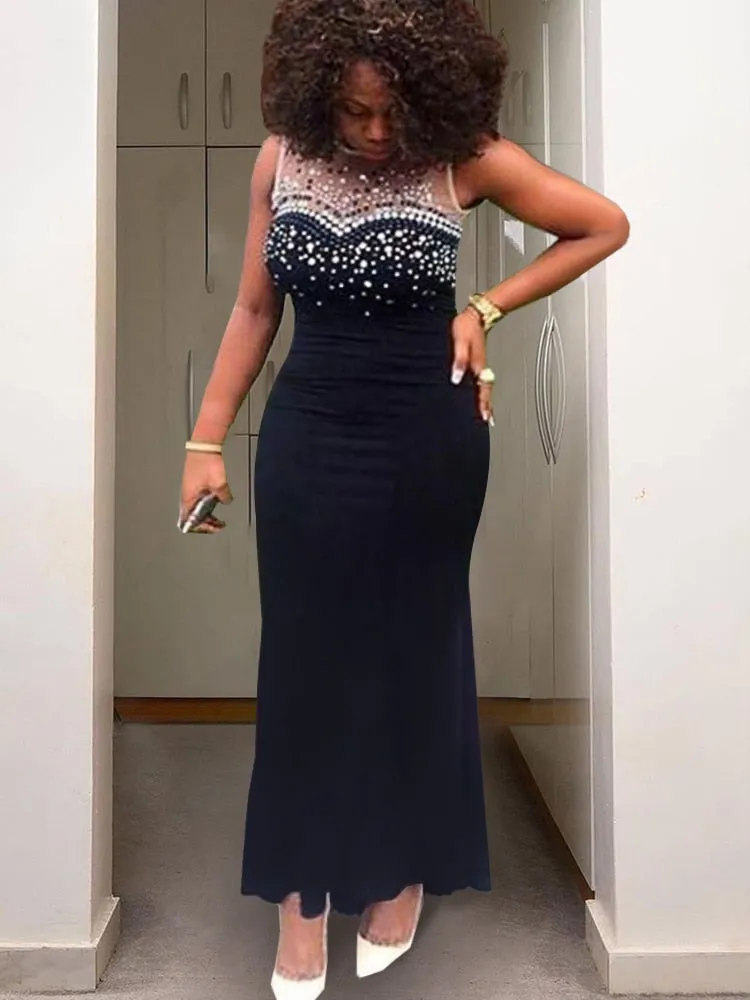 Mesh Beaded Sleeveless Long Mermaid Evening Gown