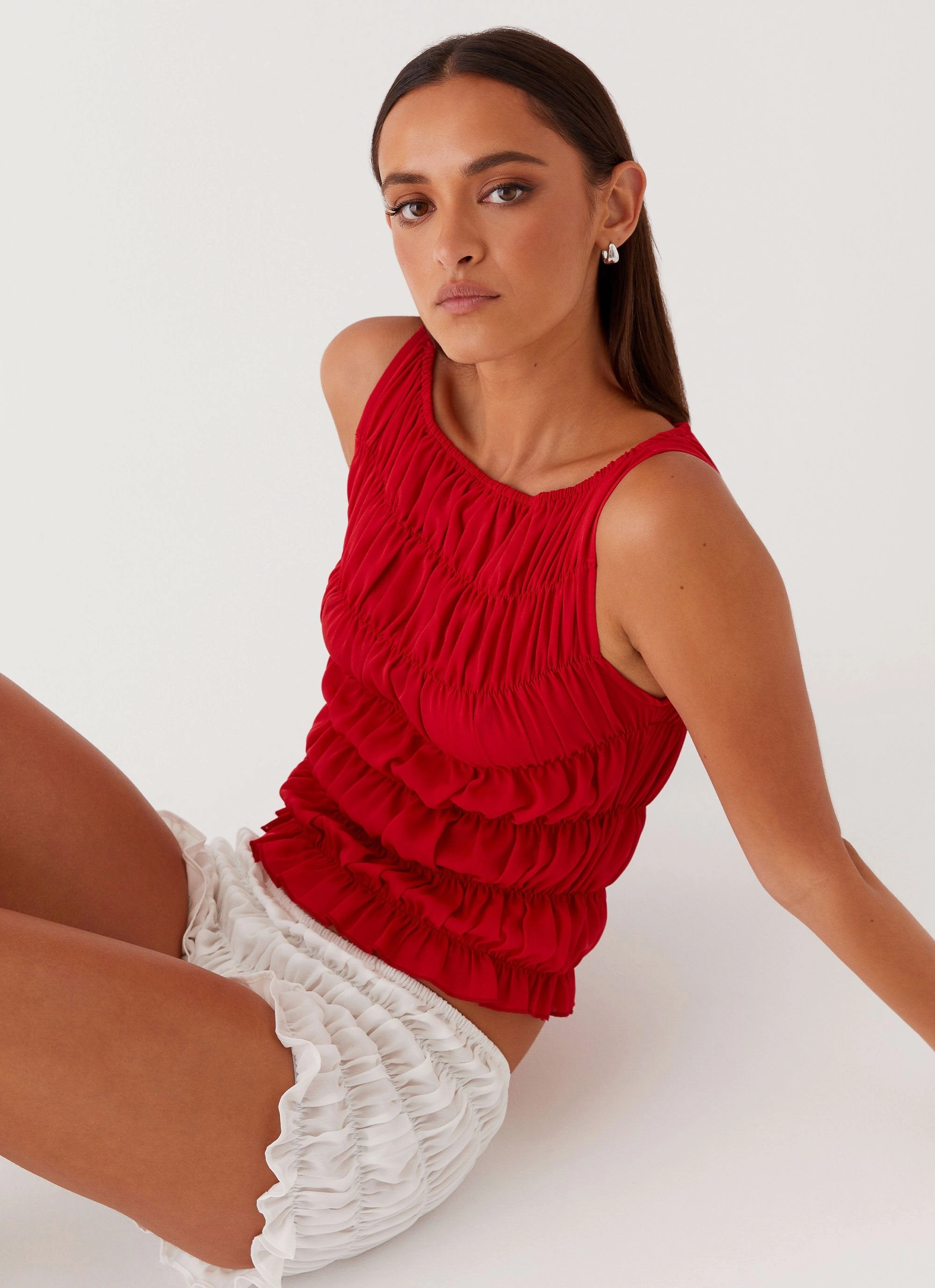 Messina Ruched Tank Top - Red DoubleLayeredShoulders Modern Polo