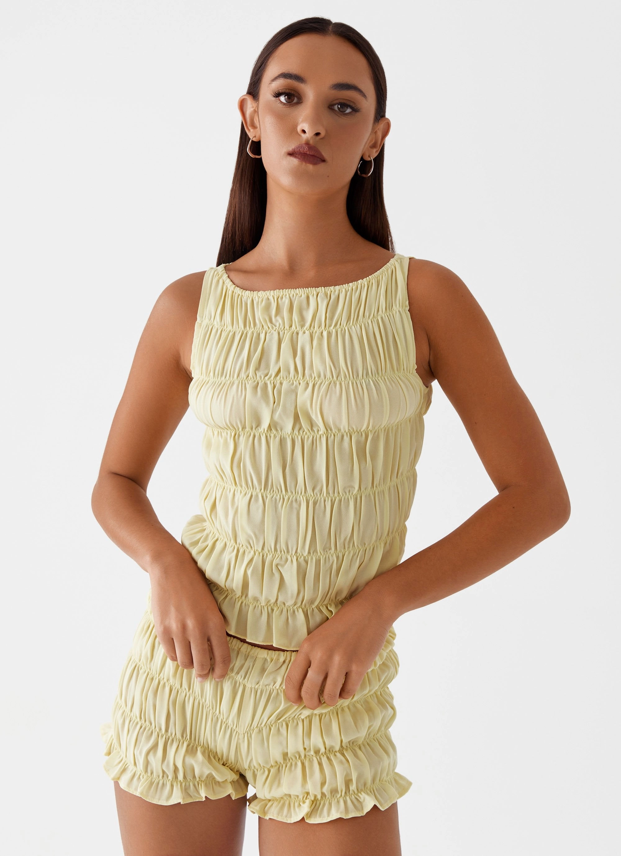 Messina Ruched Tank Top - Yellow RibbedNeckline Multi Directional Zipper Placement