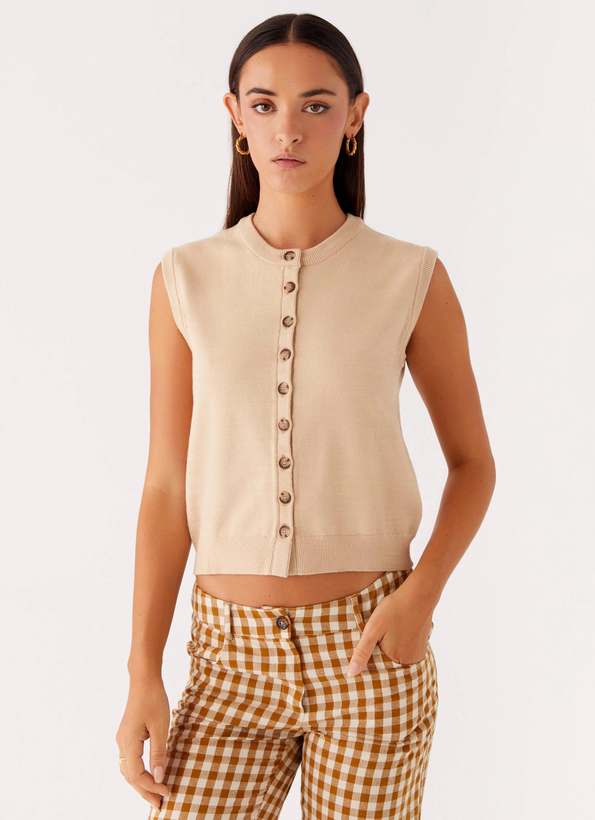 Mickey Knit Vest - Cream Flexible Ribbed Cuffs RelaxedSilhouette