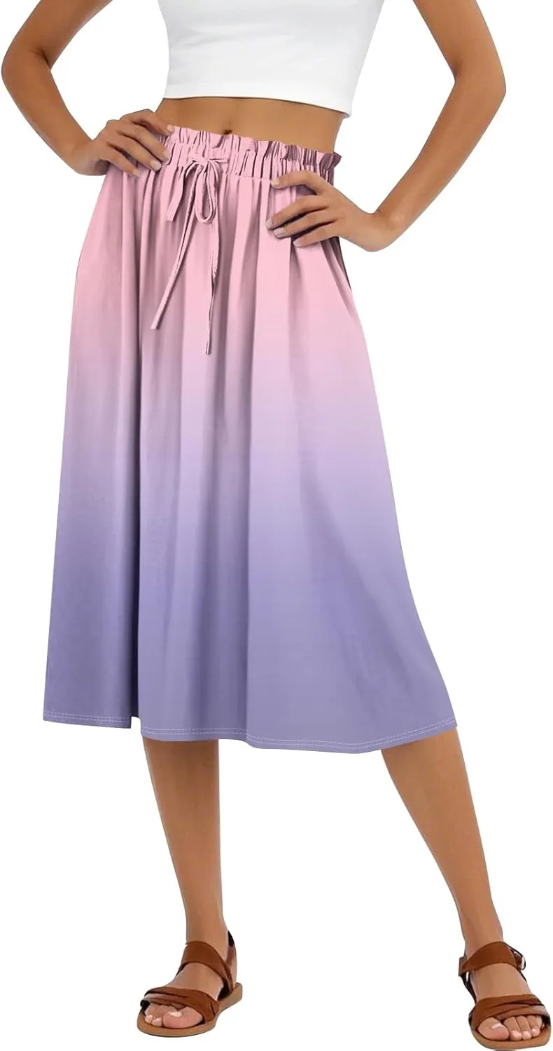 Midi Boho Floral Skirts for Women Trendy A Line Skirt Drawstring High Elastic Waist Comfy Flowy Skorts
