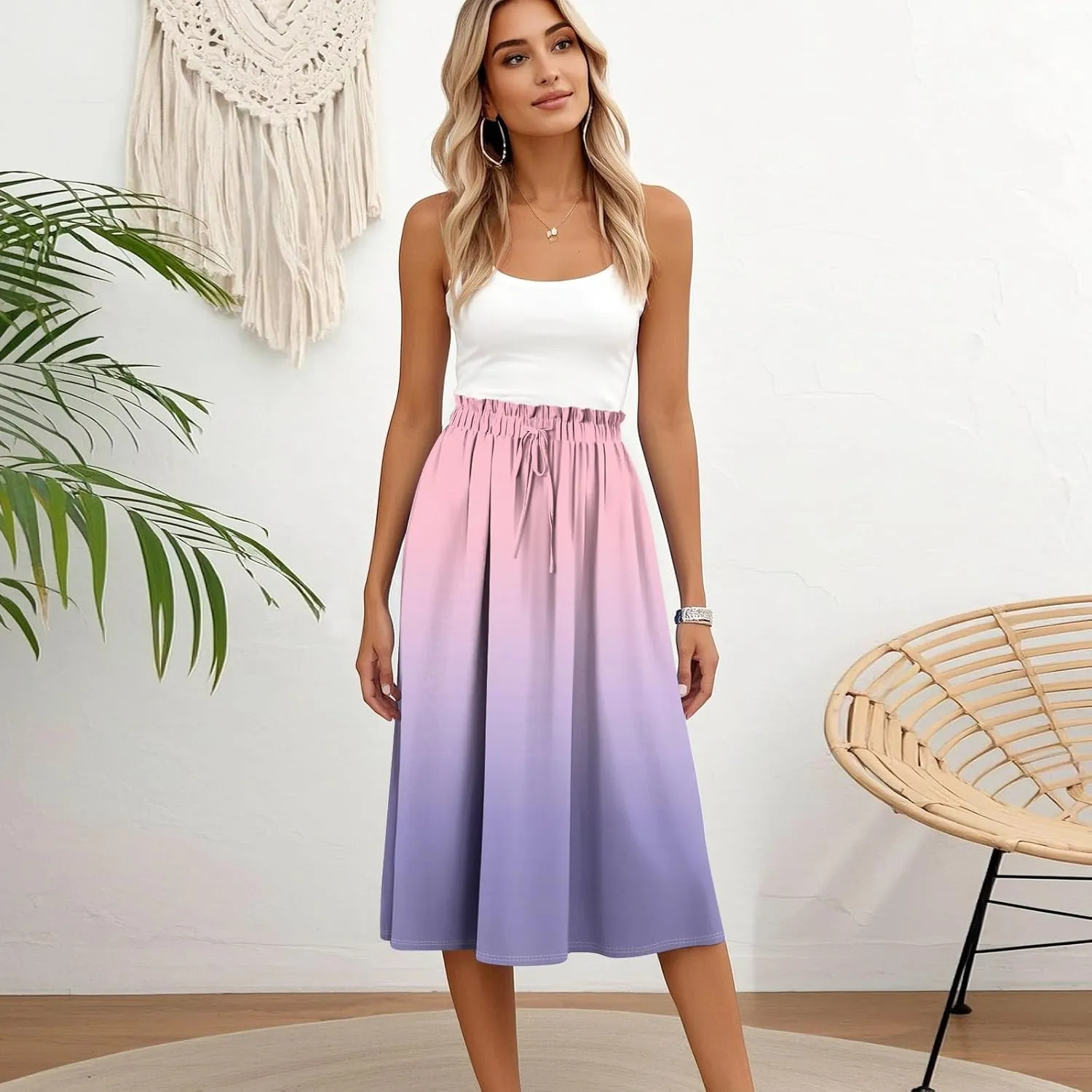 Midi Boho Floral Skirts for Women Trendy A Line Skirt Drawstring High Elastic Waist Comfy Flowy Skorts