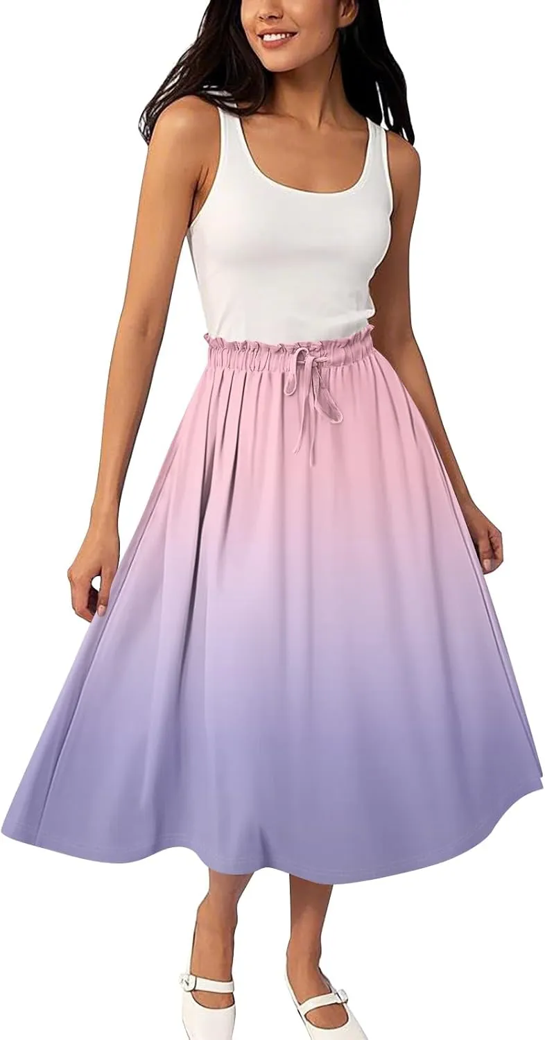 Midi Boho Floral Skirts for Women Trendy A Line Skirt Drawstring High Elastic Waist Comfy Flowy Skorts