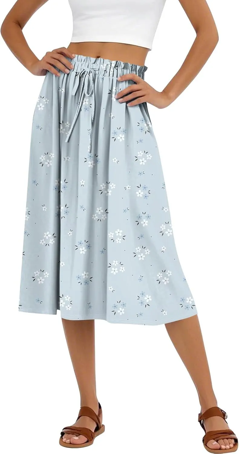 Midi Boho Floral Skirts for Women Trendy Comfy Flowy A Line Skirt Drawstring High Elastic Waist Skorts