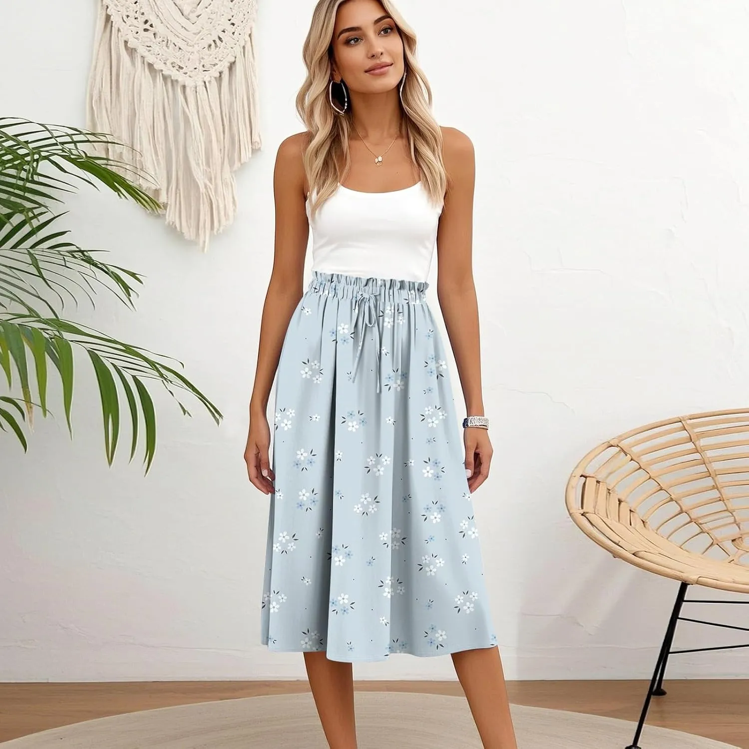 Midi Boho Floral Skirts for Women Trendy Comfy Flowy A Line Skirt Drawstring High Elastic Waist Skorts