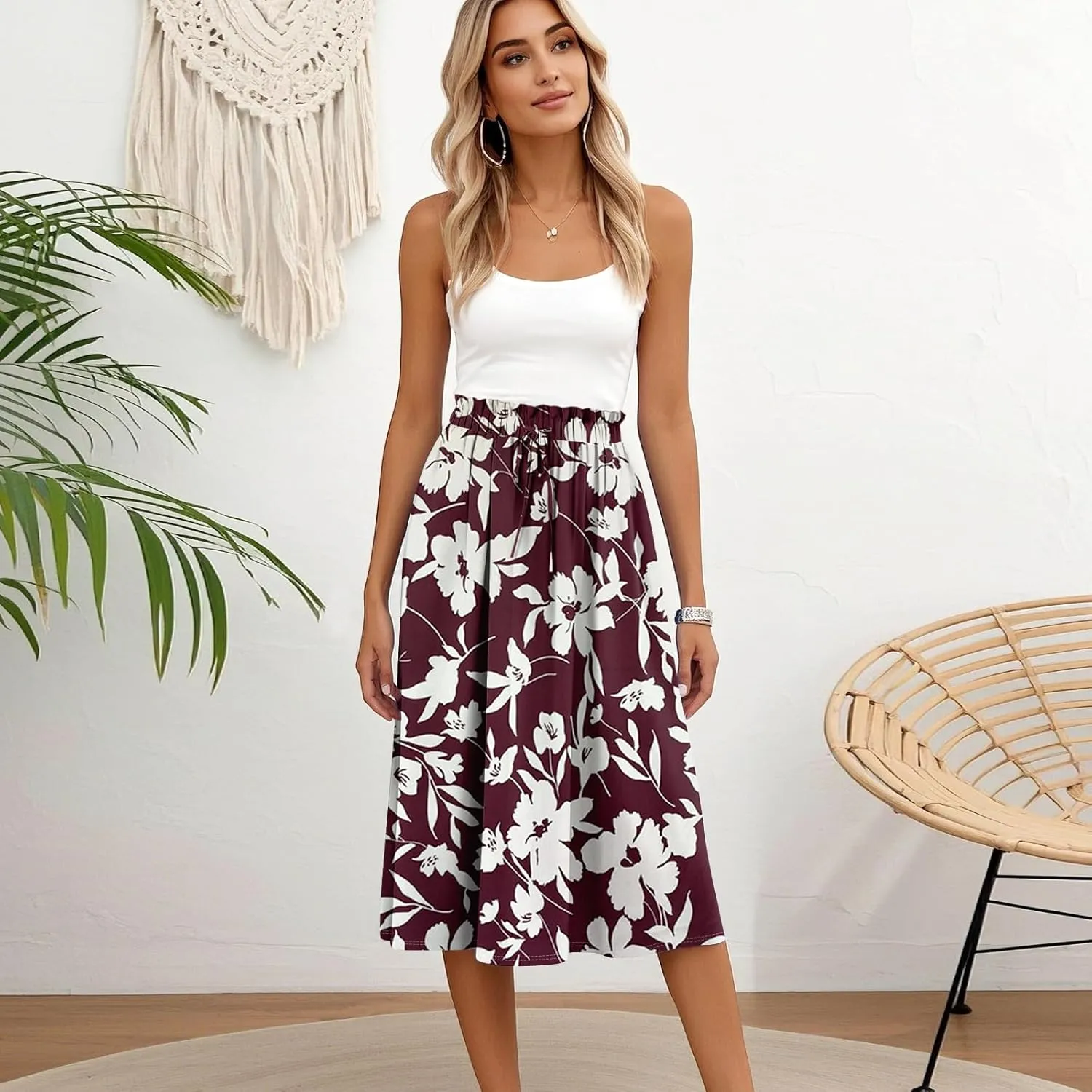 Midi Boho Floral Skirts for Women Trendy Comfy Flowy Drawstring High Elastic Waist A Line Skirt Skorts