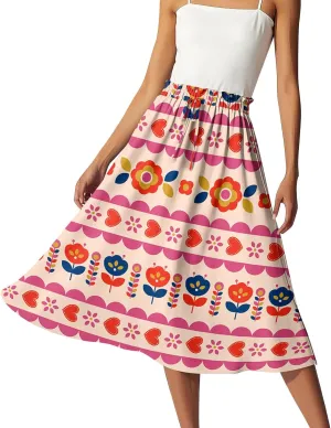 Midi Boho Floral Skirts for Women Trendy Comfy Flowy Drawstring High Elastic Waist A Line Skirt Skorts