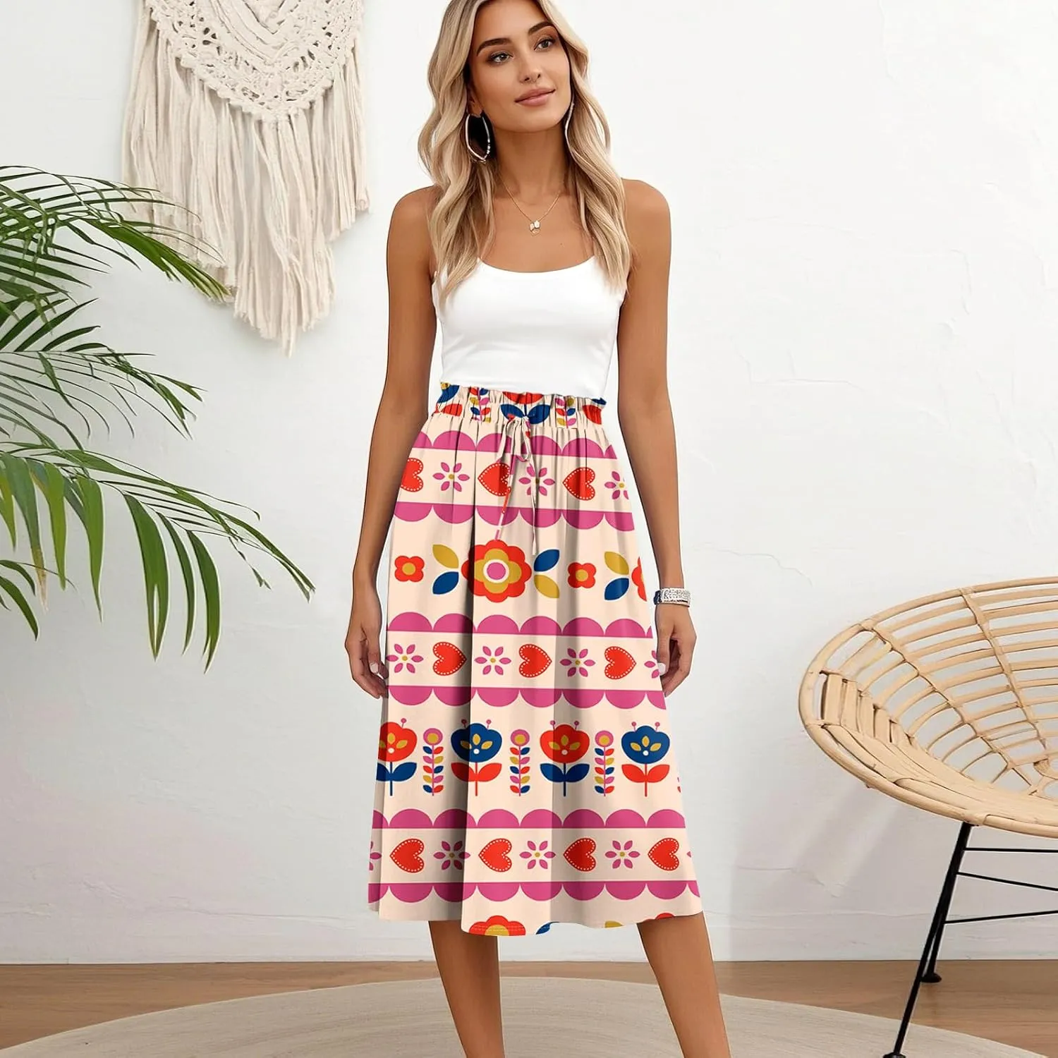 Midi Boho Floral Skirts for Women Trendy Comfy Flowy Drawstring High Elastic Waist A Line Skirt Skorts