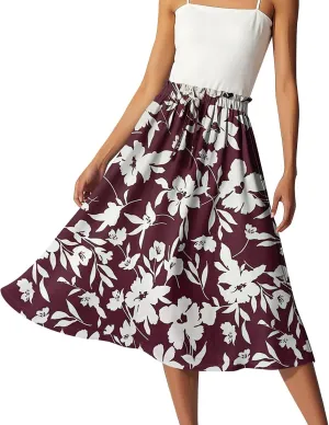 Midi Boho Floral Skirts for Women Trendy Comfy Flowy Drawstring High Elastic Waist A Line Skirt Skorts