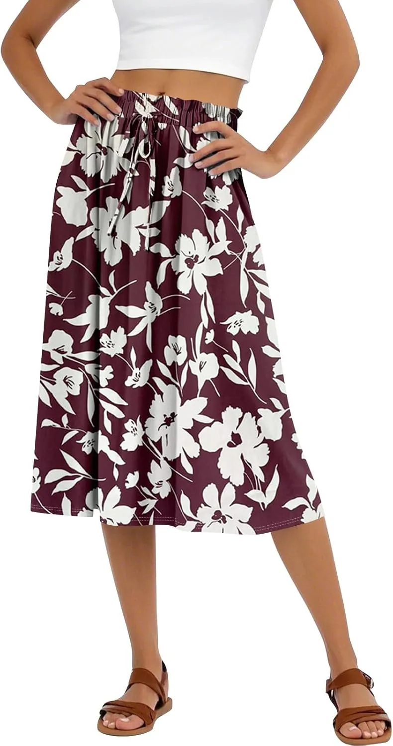 Midi Boho Floral Skirts for Women Trendy Comfy Flowy Drawstring High Elastic Waist A Line Skirt Skorts