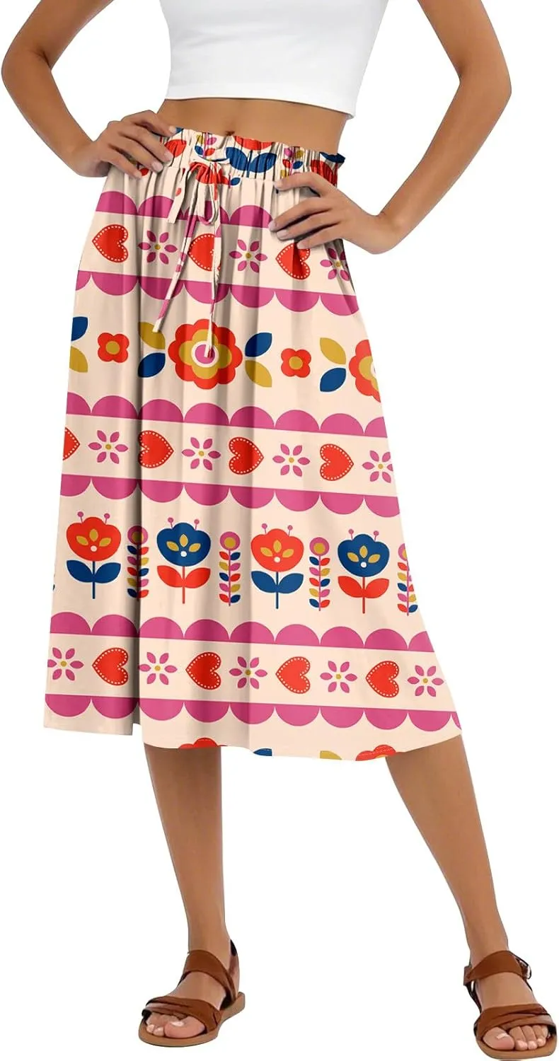 Midi Boho Floral Skirts for Women Trendy Comfy Flowy Drawstring High Elastic Waist A Line Skirt Skorts
