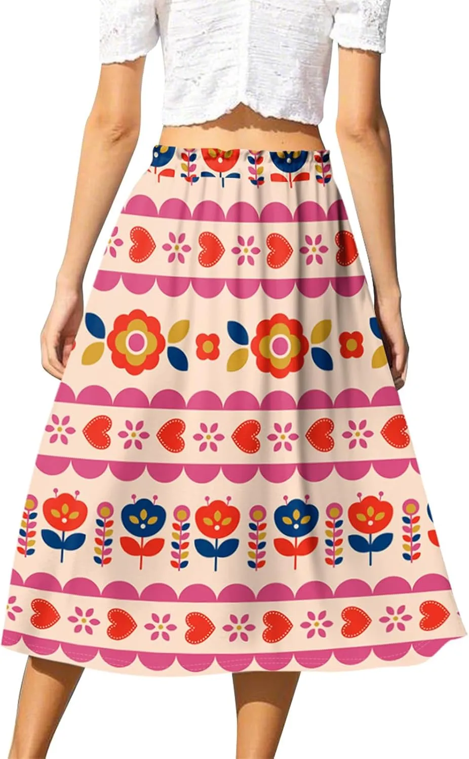 Midi Boho Floral Skirts for Women Trendy Comfy Flowy Drawstring High Elastic Waist A Line Skirt Skorts