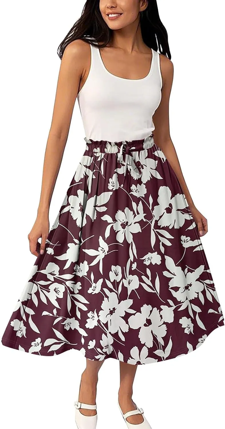 Midi Boho Floral Skirts for Women Trendy Comfy Flowy Drawstring High Elastic Waist A Line Skirt Skorts