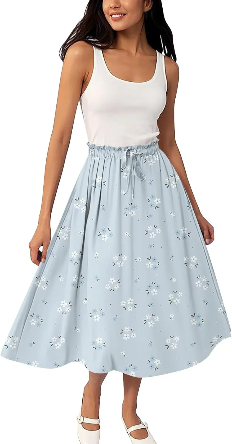 Midi Boho Floral Skirts for Women Trendy Comfy Flowy Drawstring High Elastic Waist A Line Skirt Skorts