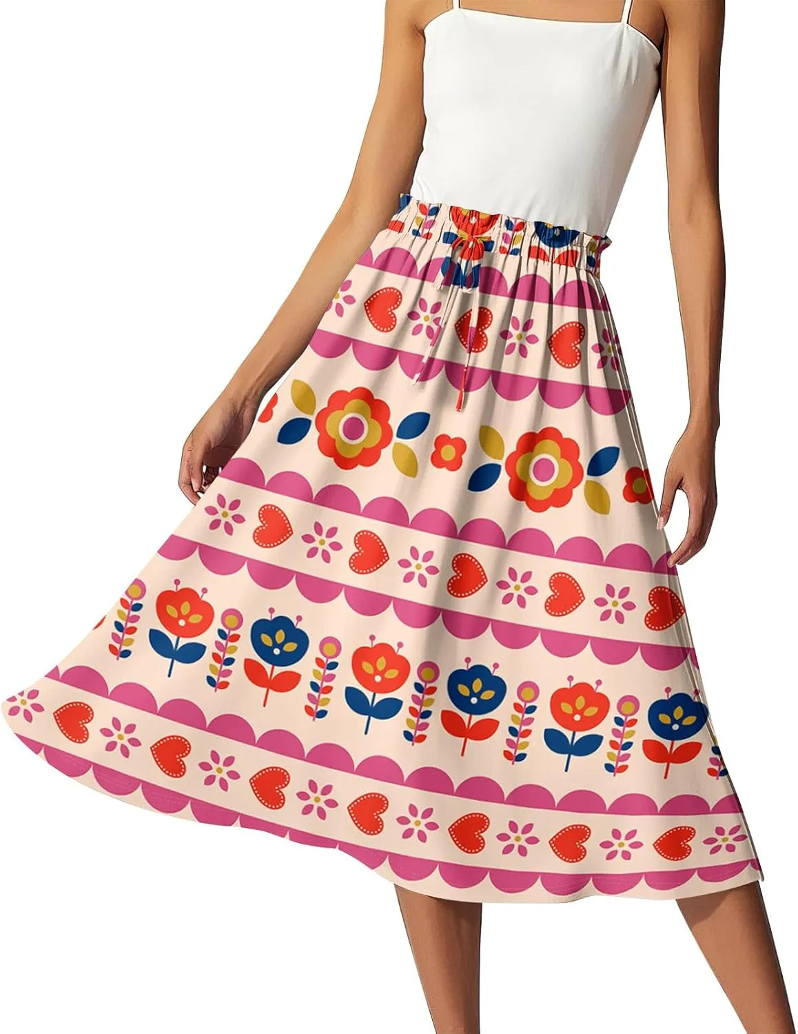 Midi Boho Floral Skirts for Women Trendy Comfy Flowy Drawstring High Elastic Waist A Line Skirt Skorts