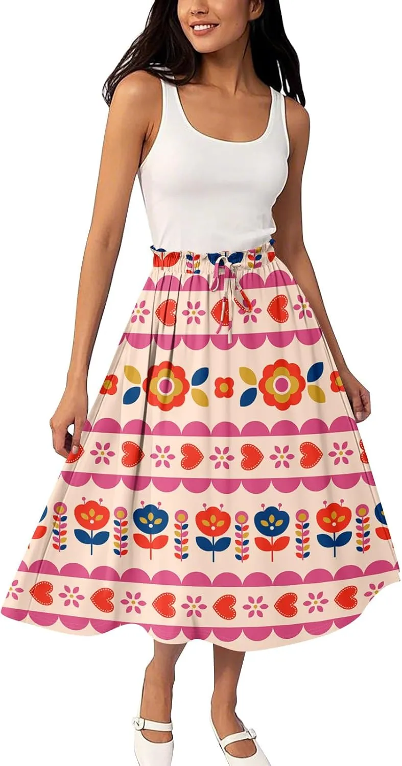 Midi Boho Floral Skirts for Women Trendy Comfy Flowy Drawstring High Elastic Waist A Line Skirt Skorts