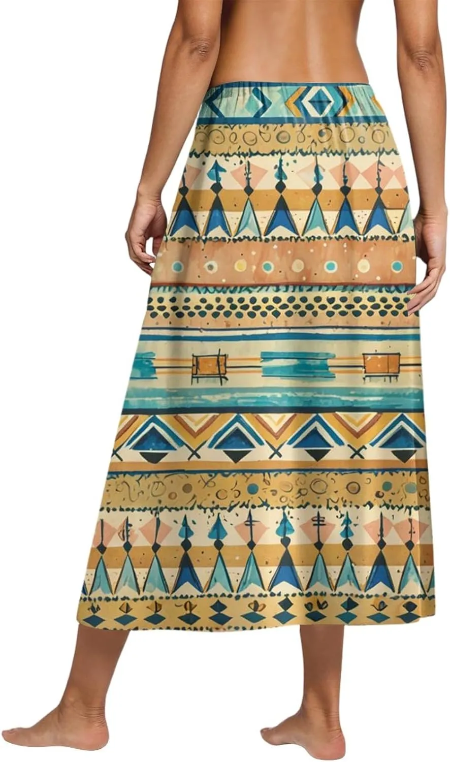 Midi Boho Floral Skirts for Women Trendy Comfy Flowy High Elastic Waist A Line Skirt Skorts with Pockets