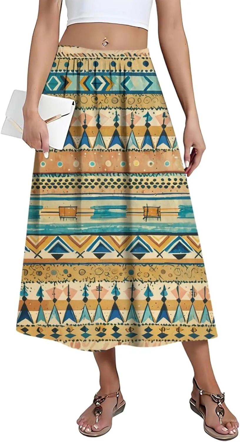 Midi Boho Floral Skirts for Women Trendy Comfy Flowy High Elastic Waist A Line Skirt Skorts with Pockets