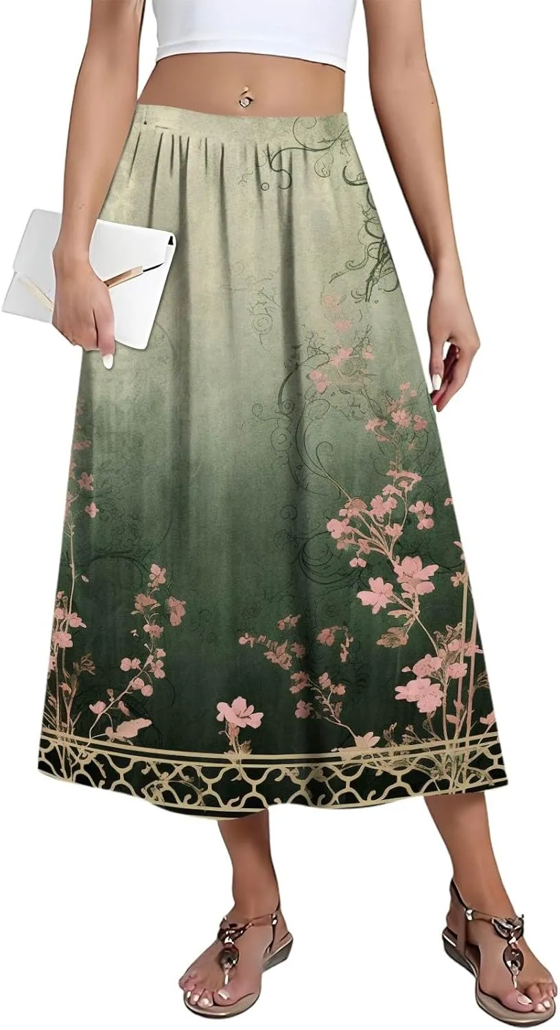 Midi Boho Floral Skirts for Women Trendy Comfy Flowy High Elastic Waist A Line Skirt Skorts with Pockets
