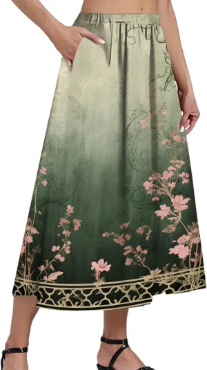 Midi Boho Floral Skirts for Women Trendy Comfy Flowy High Elastic Waist A Line Skirt Skorts with Pockets
