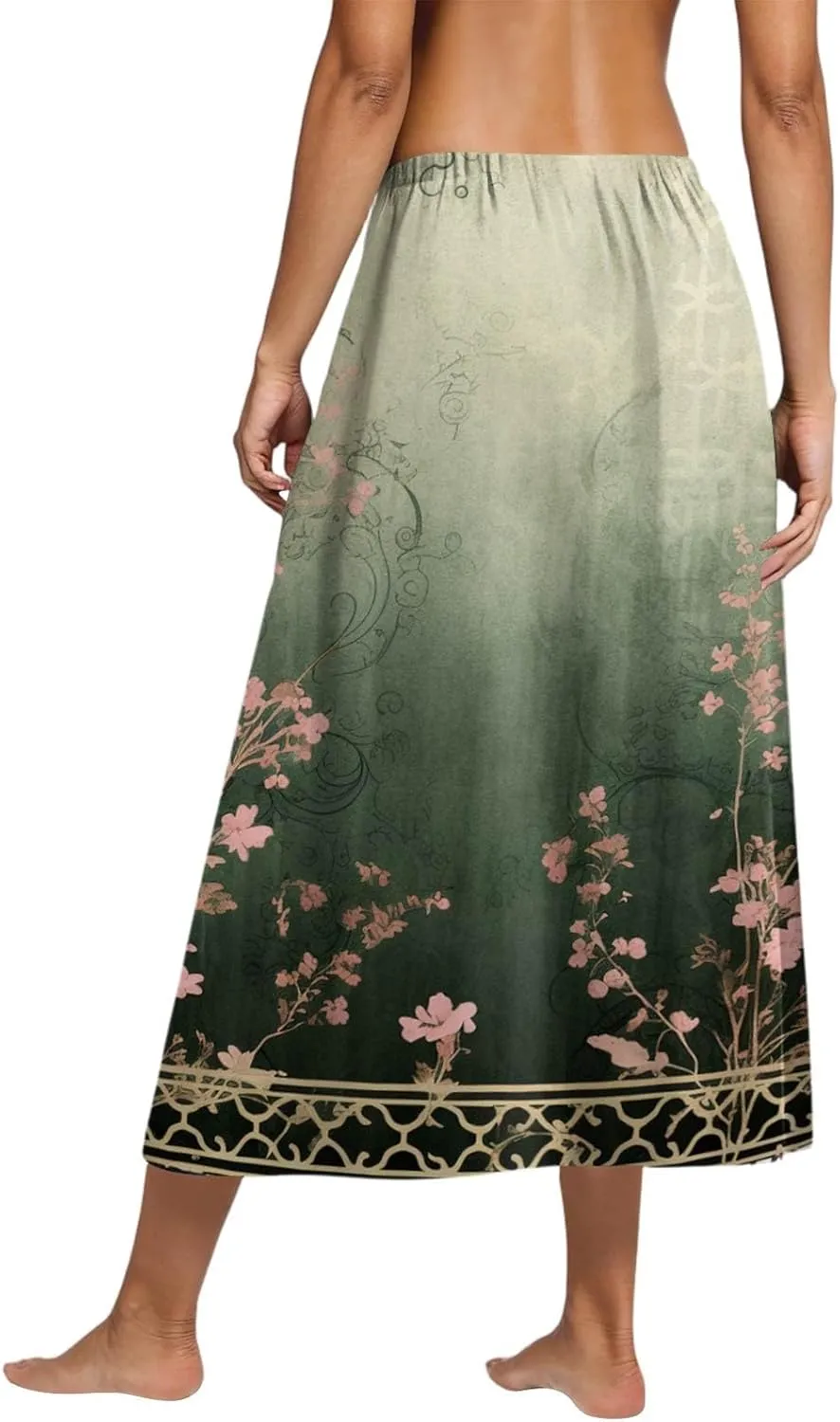 Midi Boho Floral Skirts for Women Trendy Comfy Flowy High Elastic Waist A Line Skirt Skorts with Pockets