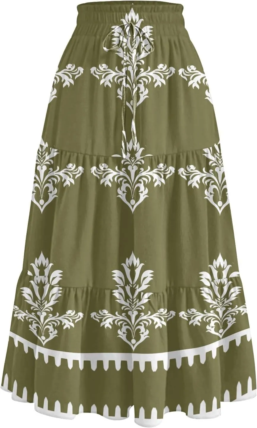 Midi Boho Floral Skirts for Women Trendy Tiered Comfy Flowy Drawstring High Elastic Waist A Line Skirt Skorts with Pockets