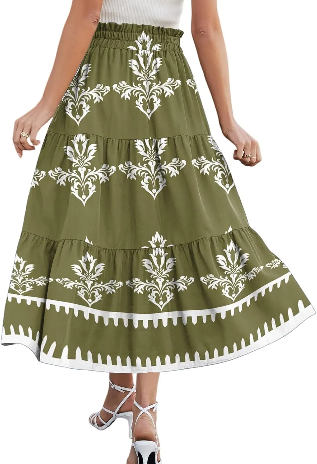 Midi Boho Floral Skirts for Women Trendy Tiered Comfy Flowy Drawstring High Elastic Waist A Line Skirt Skorts with Pockets