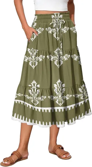 Midi Boho Floral Skirts for Women Trendy Tiered Comfy Flowy Drawstring High Elastic Waist A Line Skirt Skorts with Pockets
