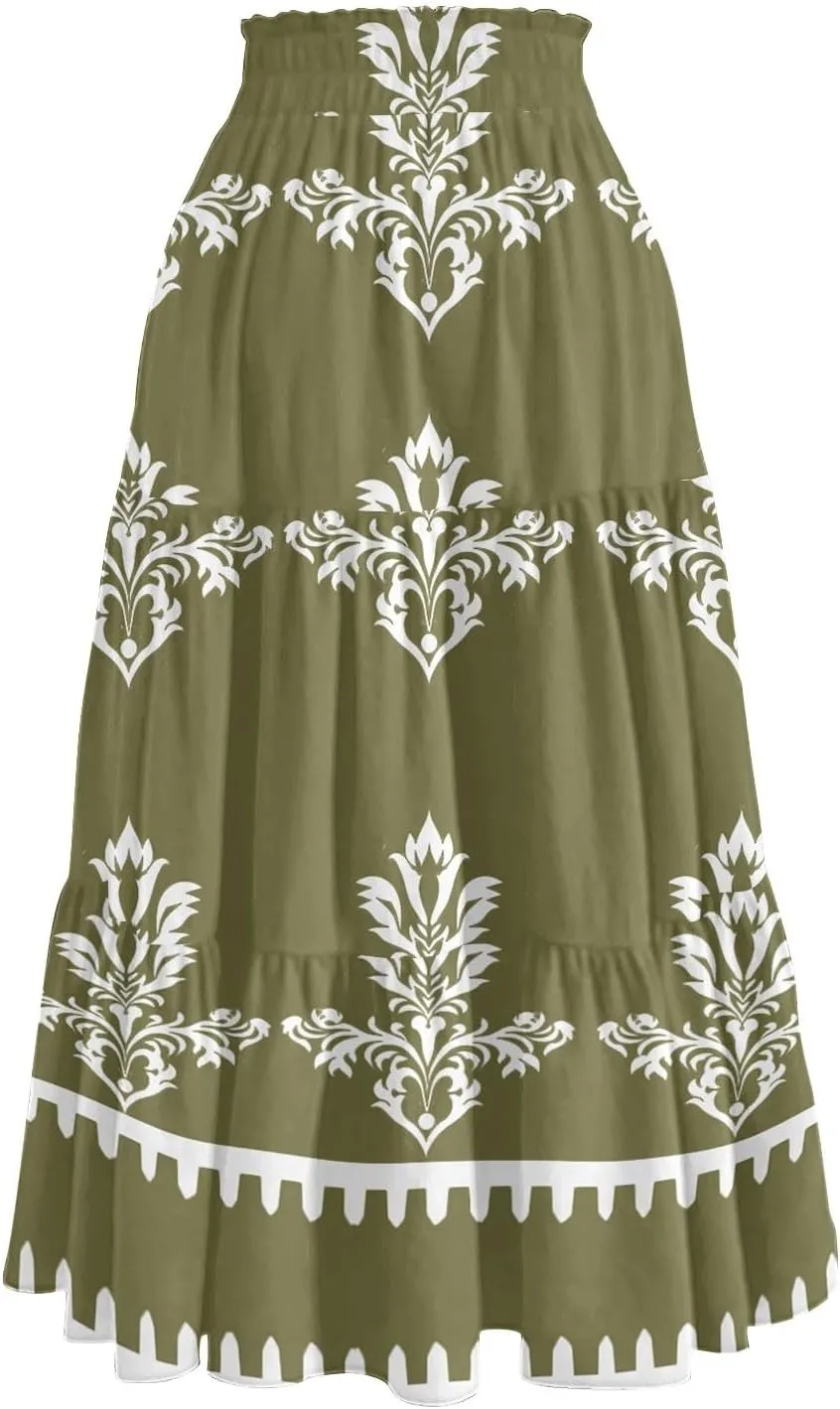 Midi Boho Floral Skirts for Women Trendy Tiered Comfy Flowy Drawstring High Elastic Waist A Line Skirt Skorts with Pockets